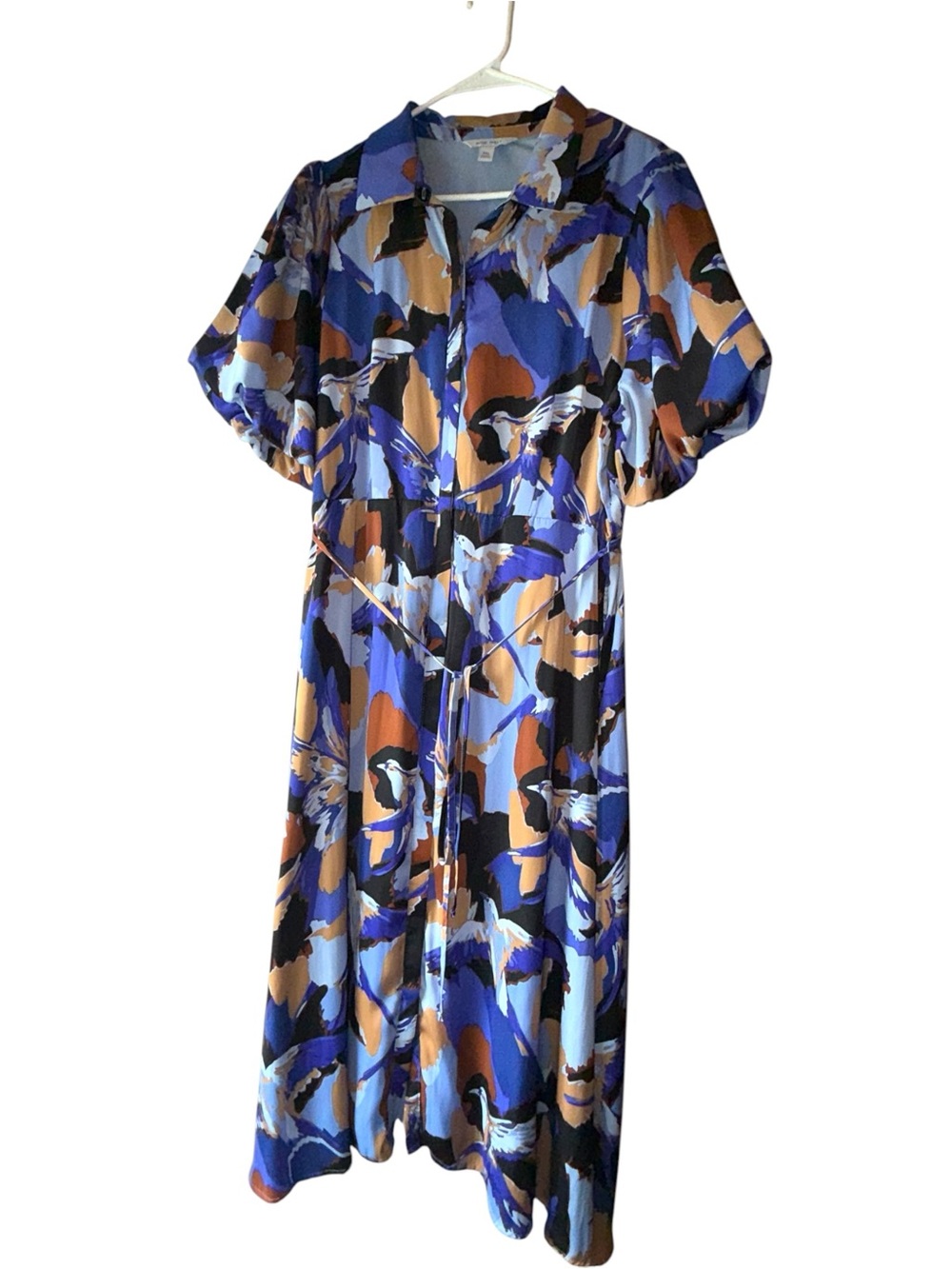 Nine West Satin Collared Midi Dress - Puff Balloon Sleeve - Button Down w/ Belt - Picture 3 of 10